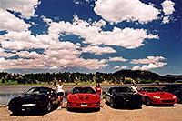/images/133/2004-07-estes-transams3.jpg - #01652: Ewka, Aneta and Ola with black and red Pontiac TransAm cars at Estes Lake … July 2004 -- Estes Park, Colorado