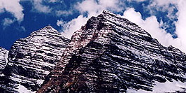 /images/133/2004-09-maroon-peaks2-w.jpg - #02179: snowy Maroon Peak (elev 14,156 ft, left) and North Maroon Peak (elev 14,014 ft, right) … Sept 2004 -- Maroon Peak, Maroon Bells, Colorado