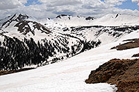 /images/133/2007-05-28-indep-mtns02.jpg - #03812: snowboarder walking at Independence Pass … view of Independence Mountain at 12,703 ft … May 2007 -- Independence Mountain, Independence Pass, Colorado