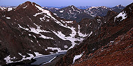 /images/133/2007-06-30-evans-bier05-pano.jpg - #04084: Mt Bierstadt (14,060 ft) on the left continuing into The Sawtooth on the right … view from Mt Evans … June 2007 -- Abyss Lake, Mt Bierstadt, Colorado
