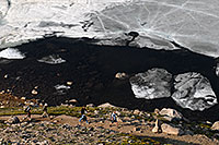 /images/133/2007-06-30-evans-sum-hike04.jpg - #04105: Hikers walking by partially frozen Summit Lake at 12,600 ft … June 2007 -- Summit Lake, Mt Evans, Colorado