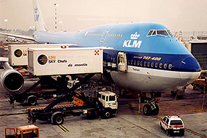 KLM Boeing 747-400 airplane docked at Chicago O