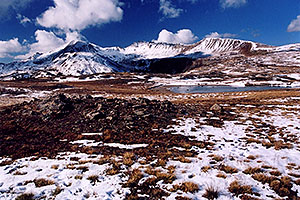 Pond at top of Independence Pass, and view of  Independence Mountain at 12,703 ft