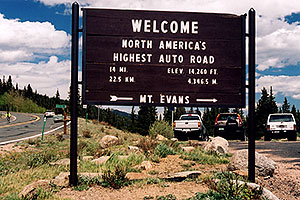 `Welcome - North Americas Highest Auto Road - elev 14,260 ft (4,346.5 meters) - 14 miles (22.5km)`(br)start of Mt Evans road, highest road in North America