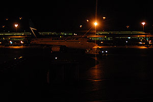 Westjet plane at Toronto airport at night 