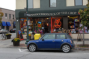 blue Cooper Mini in front of Pnocchio`s Pick of the Crop Oakville