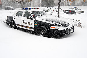 Lone Tree Police car during a December snowstorm
