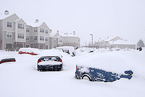 ad-hoc parked cars during a December snowstorm