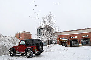 red Jeep Wrangler in front of REI #61with 23 birds flying in the sky