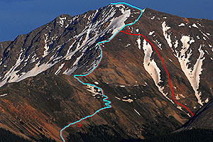 Blue trail to the summit of La Plata Peak, and red path I took down (loose boulders underfoot for 3 hours) 