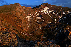 Last rays of light on The Sawtooth (13,780 ft, left) and Mt Bierstadt (14,060 ft, right)