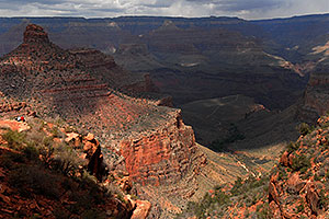 Bright Angel Plateau Trail (right from center) heading to a 1,200 ft overlook of Colorado River in Grand Canyon