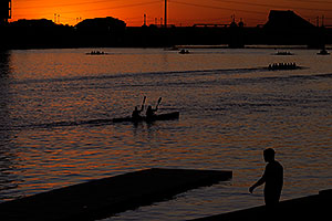 Kayakers at sunset at North Bank Boat Ramp at Tempe Town Lake