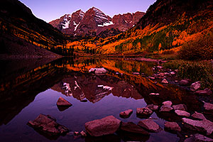 Sunrise reflection of Maroon Bells in Colorado