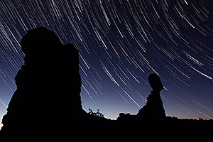 43 minutes of star trails at Balanced Rock in Arches National Park at sunrise