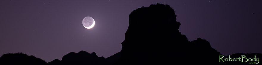 /images/500/2013-05-12-supers-face-rk-moon-39989sp.jpg - #11089: Mountain silhouettes and crescent moon in Superstitions … May 2013 -- Apache Trail Road, Superstitions, Arizona