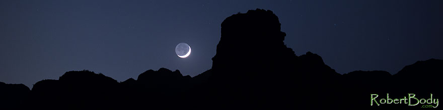 /images/500/2013-05-12-supers-face-rk-moon-39999sp.jpg - #11090: Mountain silhouettes and crescent moon in Superstitions … May 2013 -- Apache Trail Road, Superstitions, Arizona