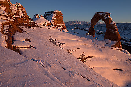 Snow at Delicate Arch in Arches National Park 