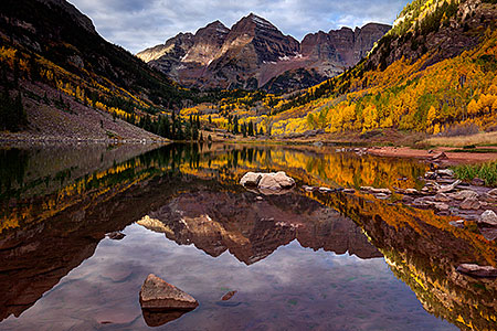 Maroon Lake reflections of Maroon Bells, Colorado 
